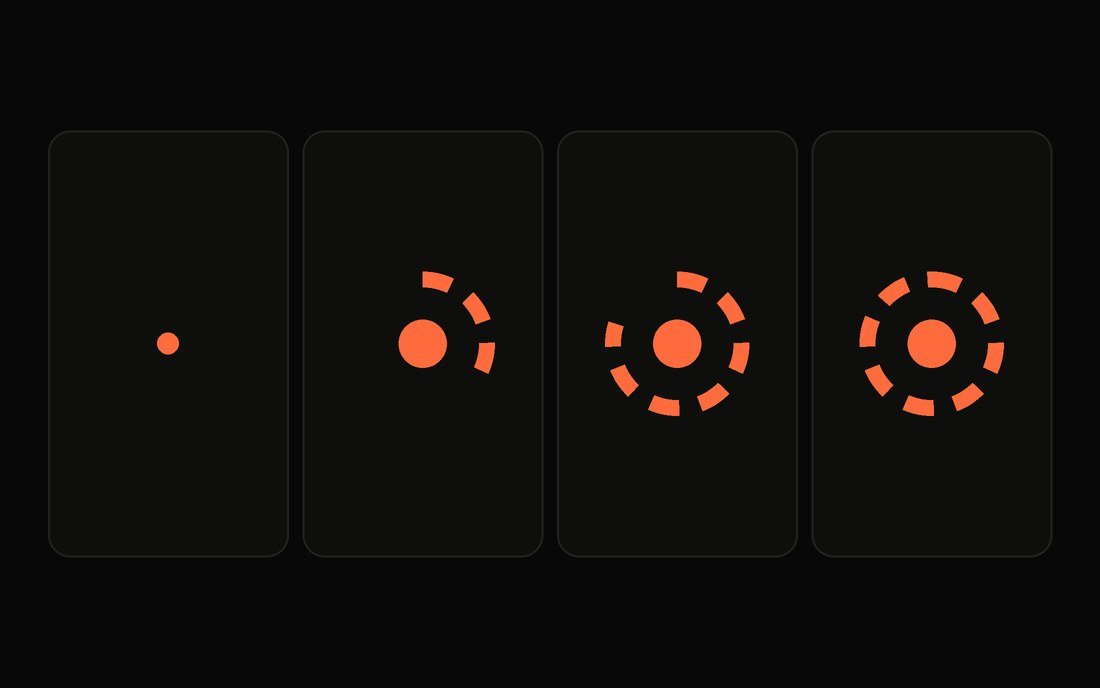 Animation stages of the Anemon Creative logo: dot, line, ring and logo